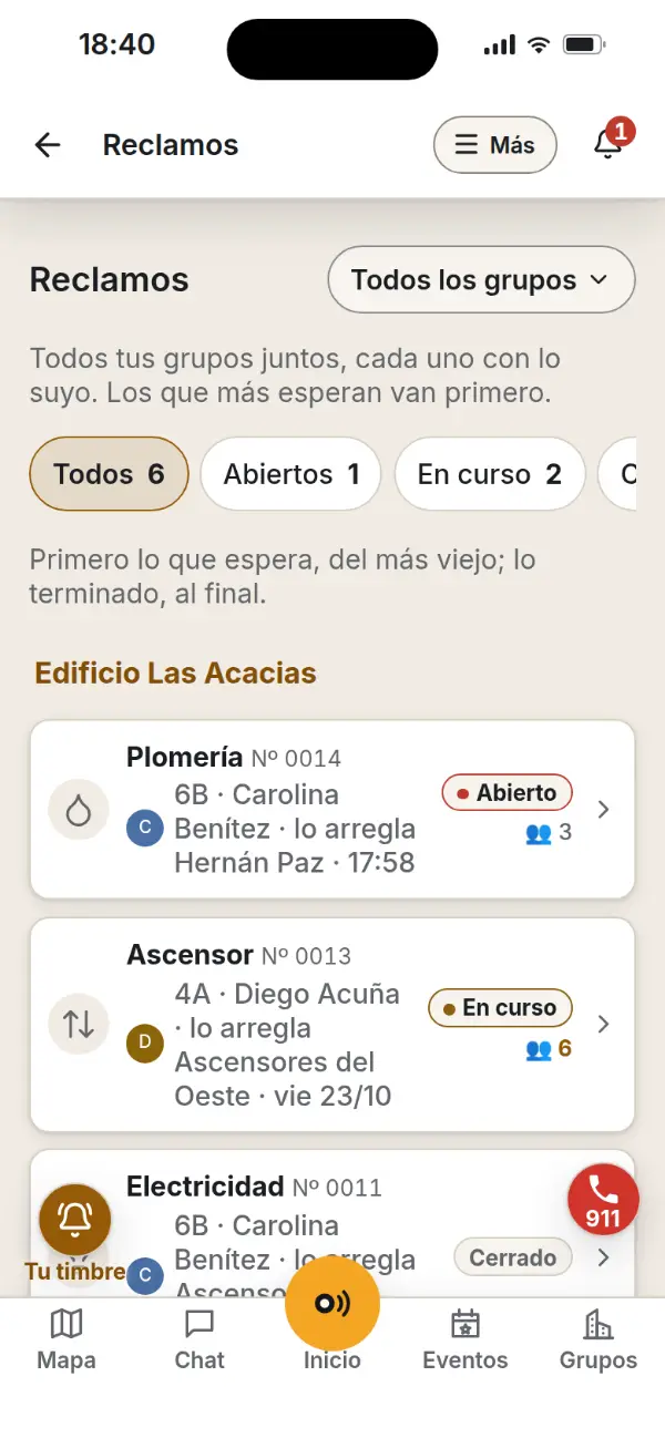 La app: la lista de reclamos del edificio, cada uno con su número y en qué está.