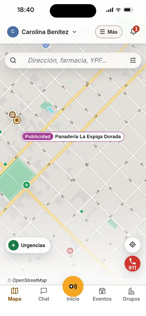 La app: el mapa del barrio con un comercio y su ficha.