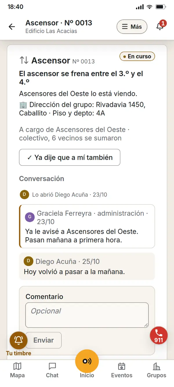 La app en Android: un reclamo del edificio con su número y lo que se fue haciendo.