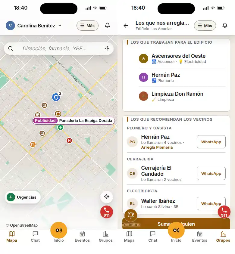 La app: un comercio del barrio en el mapa, y los oficios que recomienda el edificio.