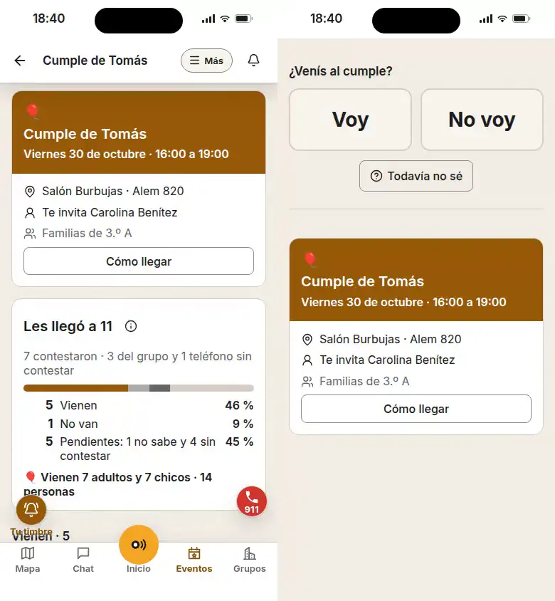 La app: el cumple con su link, y alguien sin cuenta que confirma que va.