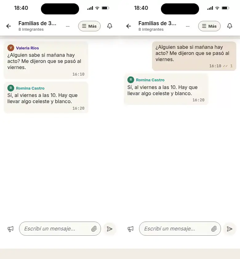 La app: el chat de la familia y la ubicación que se abre en el mapa.