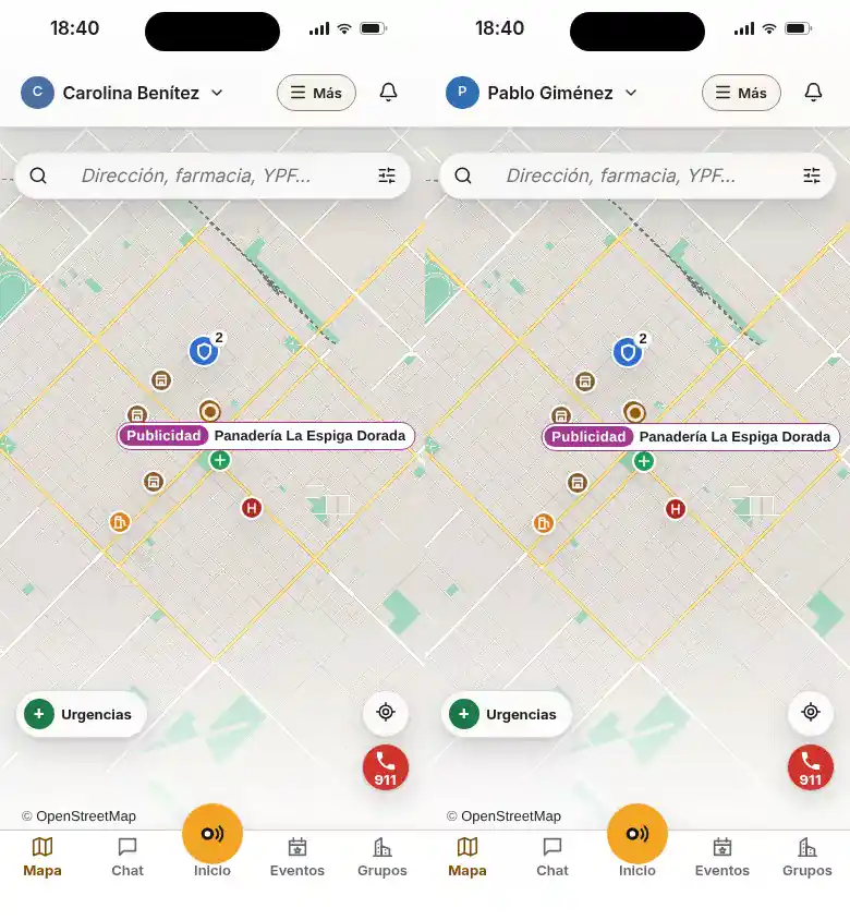 La app: el mapa con Urgencias abierto, y la búsqueda de una farmacia.