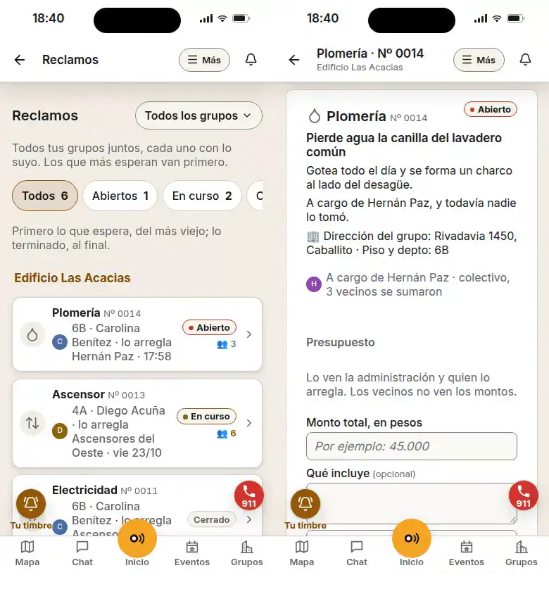 La app: el plomero cierra el reclamo Nº 0014 y la vecina lo ve terminado.