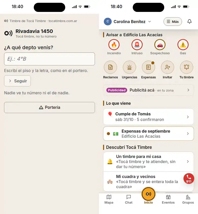 La app: quien llega toca el timbre del 6°B y la vecina contesta «Bajo».